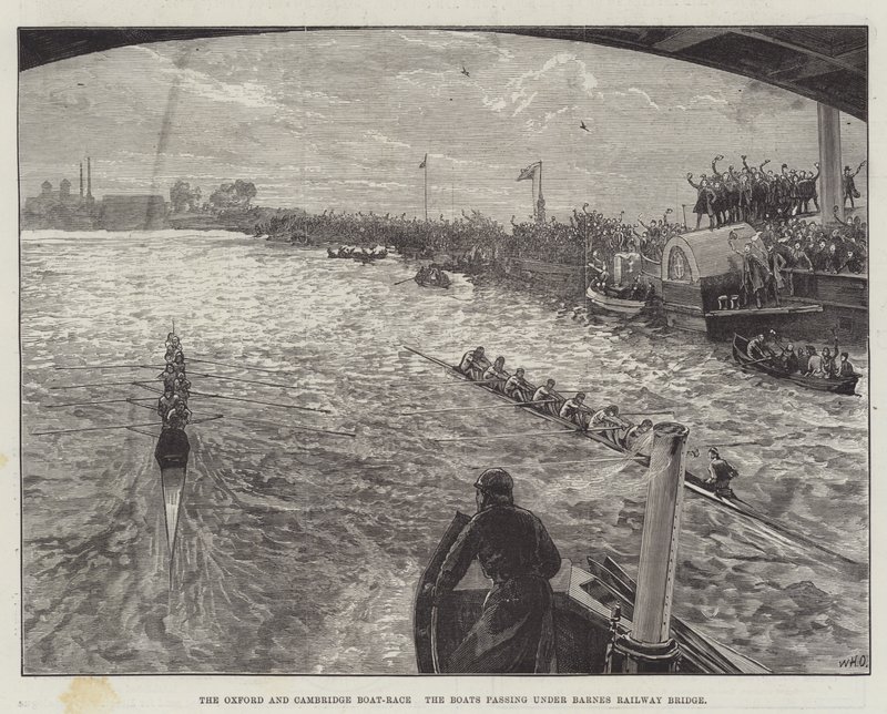 Oxford e Cambridge Boat-Race, os barcos passando sob a ponte ferroviária de Barnes de William Heysham Overend