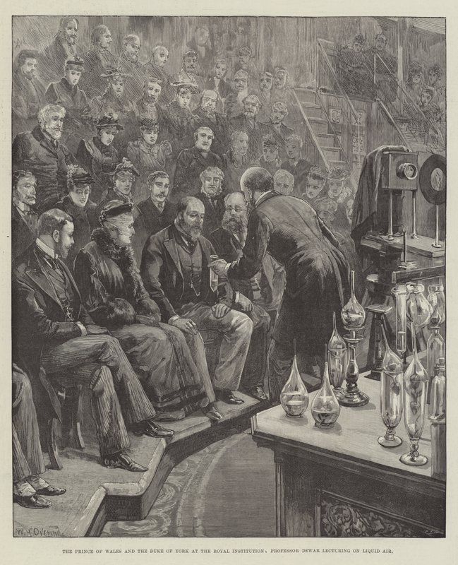 O Príncipe de Gales e o Duque de York na Royal Institution, Professor Dewar, dando palestras sobre a Liquid Air de William Heysham Overend