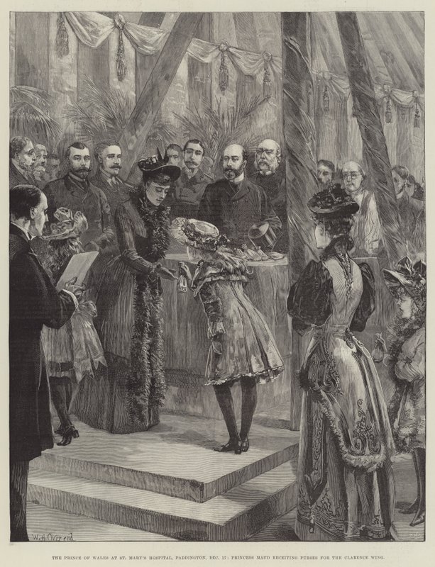 O Príncipe de Gales no Hospital St Mary, Paddington, 17 de dezembro, a Princesa Maud recebendo bolsas para a Ala Clarence de William Heysham Overend