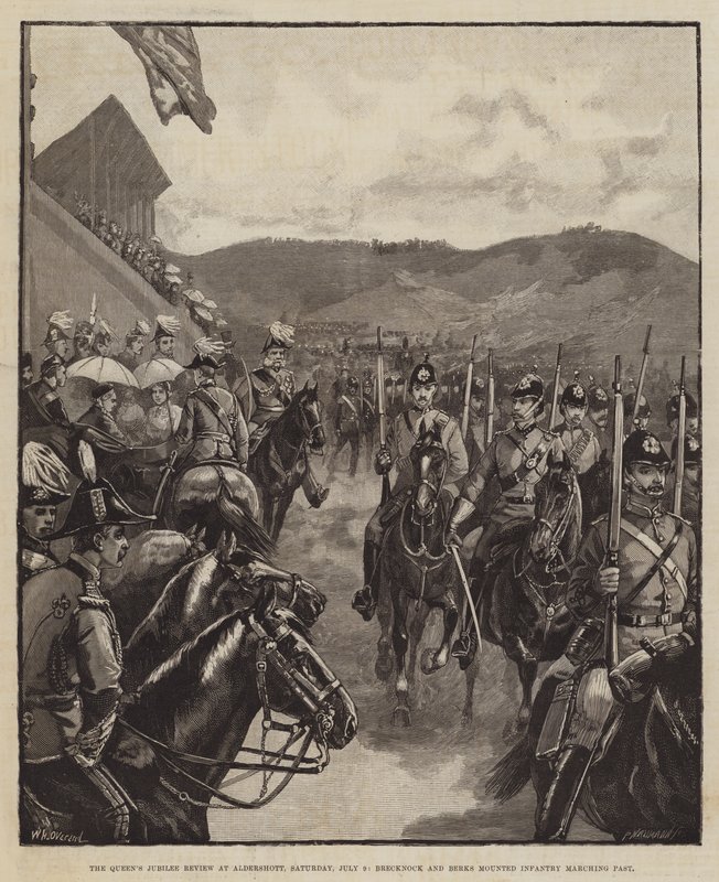 Revisão do Jubileu da Rainha em Aldershott, sábado, 9 de julho, Brecknock e Berks Mounted Infantry marchando de William Heysham Overend