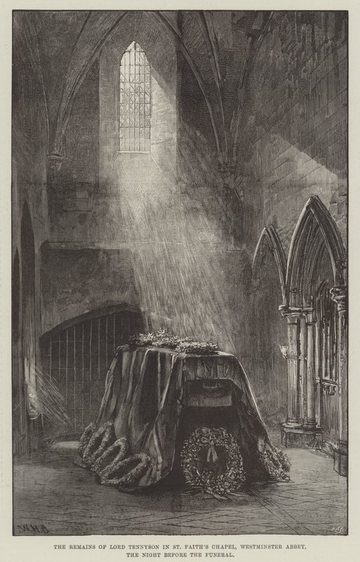 Os restos do senhor Tennyson na capela de St Faith, abadia de Westminster, a noite antes do funeral de William Heysham Overend