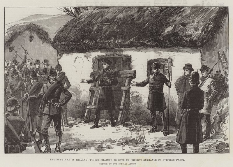 A guerra de aluguel na Irlanda, padre acorrentado a porta para impedir a entrada do partido de despejo de William Heysham Overend
