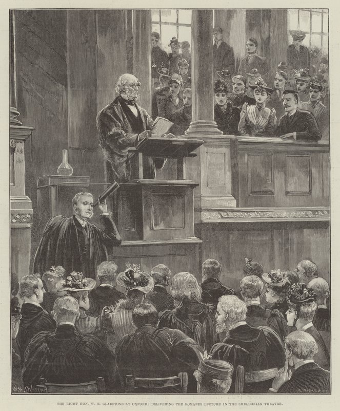 O Honorável WE WE Gladstone em Oxford, apresentando a Palestra Romanes no Teatro Sheldonian de William Heysham Overend