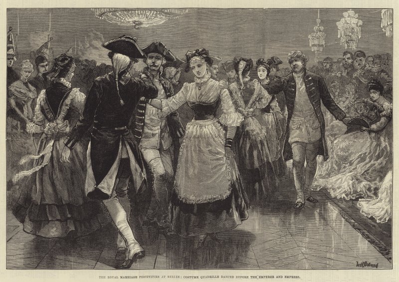As festividades do matrimônio real em Berlim, Quadrille do traje dançaram antes do imperador e da imperatriz de William Heysham Overend