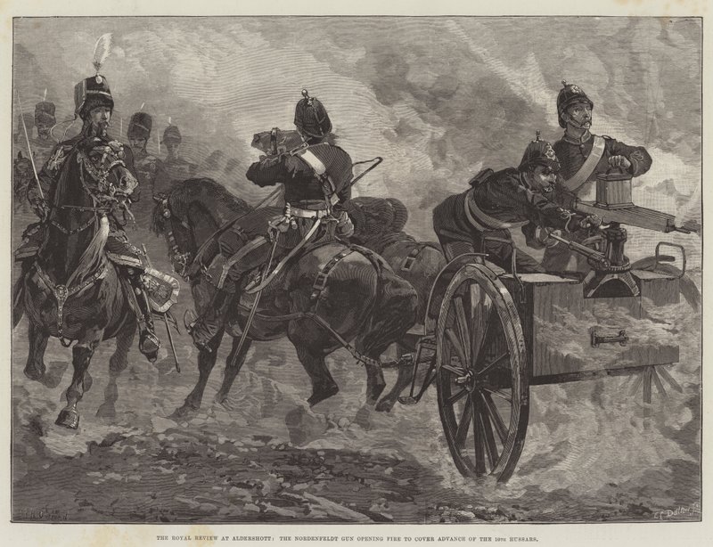 The Royal Review em Aldershott, a Arma de Nordenfeldt abrindo fogo para cobrir o avanço dos 10 hussardos de William Heysham Overend