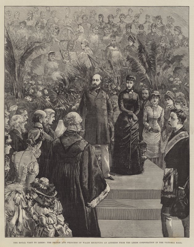 A visita real a Leeds, o príncipe e a princesa de Gales, recebendo um discurso da Leeds Corporation no Victoria Hall de William Heysham Overend