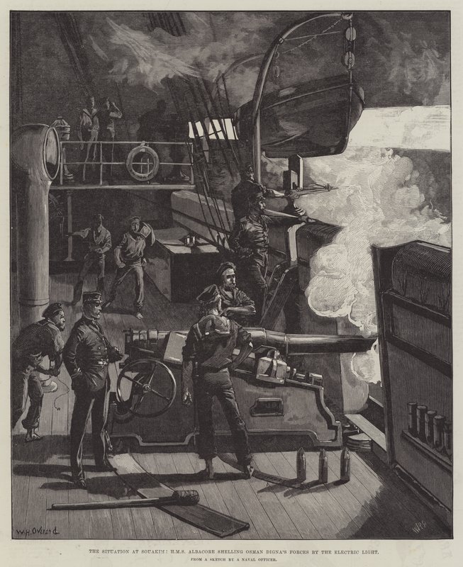 A Situação em Souakim, HMS Albacore bombardeando as Forças de Osman Digna pela Electric Light de William Heysham Overend