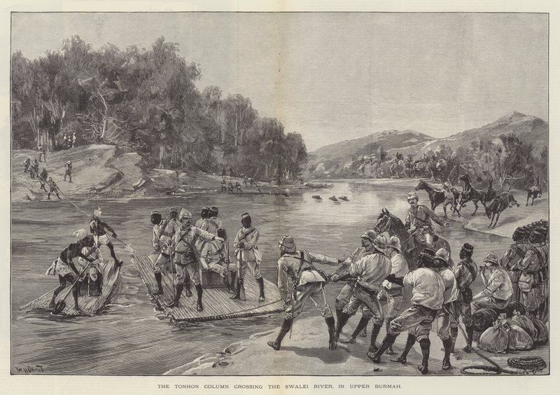 A coluna Tonhon cruzando o rio Swalei, na Alta Burmah de William Heysham Overend