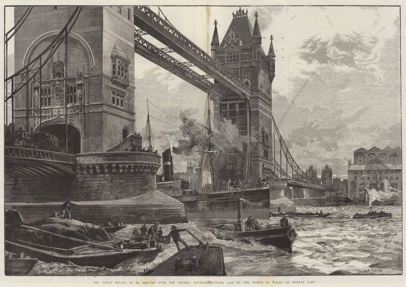 A Tower Bridge, a ser erguida sobre o rio Tâmisa, pedra fundamental colocada pelo príncipe de Gales na segunda-feira passada de William Heysham Overend