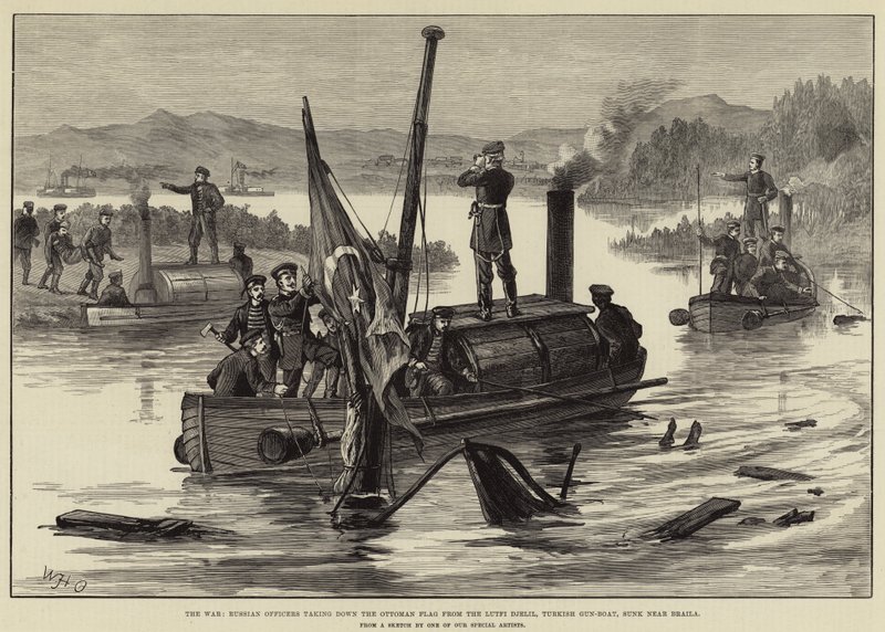 A Guerra, Oficiais russos derrubando a bandeira otomana do Lutfi Djelil, Gun-Boat turco, afundado perto de Braila de William Heysham Overend