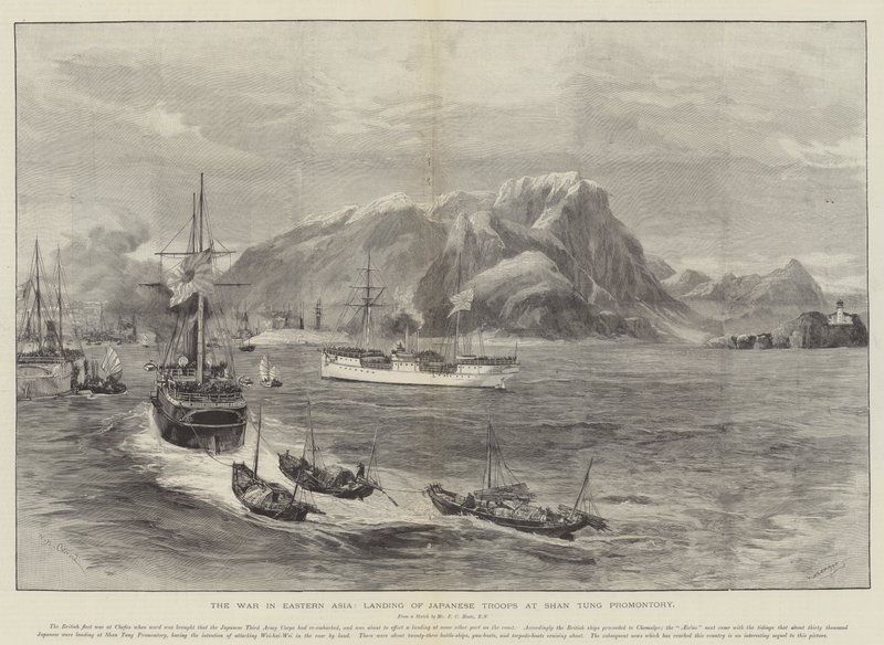 A guerra na Ásia Oriental, desembarque de tropas japonesas no promontório de Shan Tung de William Heysham Overend