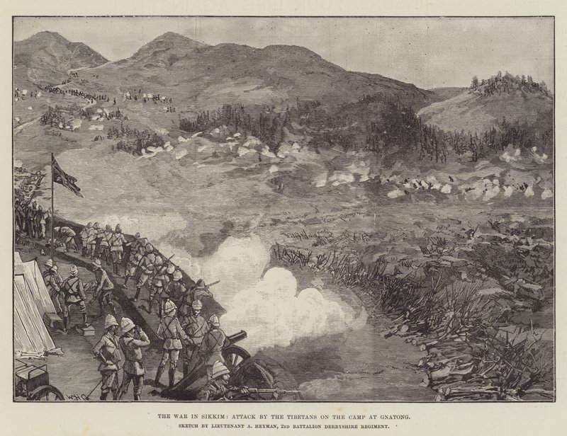 A guerra em Sikkim, ataque pelos tibetanos no acampamento em Gnatong de William Heysham Overend