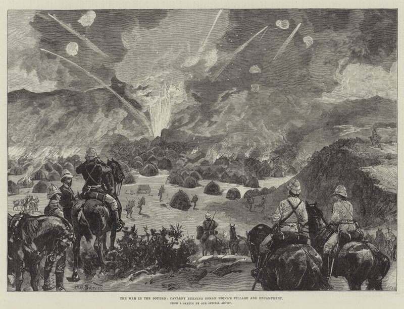 A Guerra no Sudão, Cavalaria queimando Vila e Acampamento de Osman Digna de William Heysham Overend
