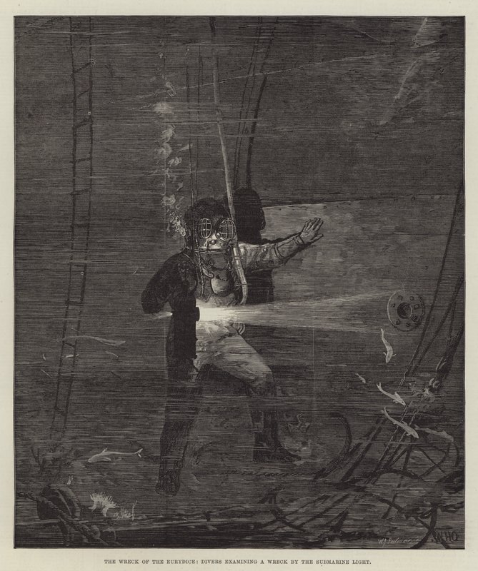 O naufrágio do Eurydice, mergulhadores examinando um naufrágio pela luz submarina de William Heysham Overend