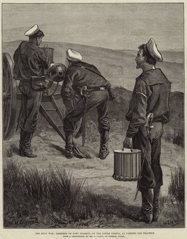 A Guerra Zulu, Guarnição de Fort Pearson, no Lower Tugela, na Prática de Gatling Gun de William Heysham Overend