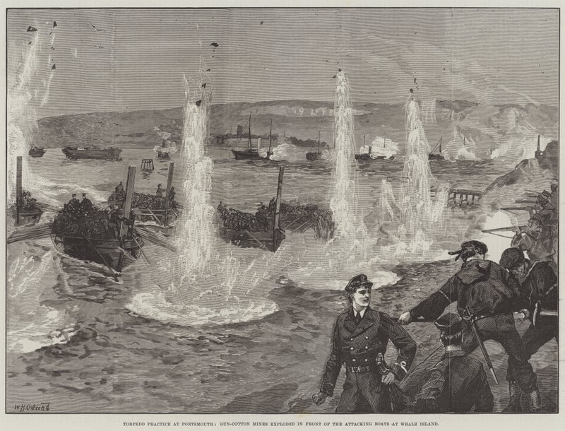 Prática de torpedos em Portsmouth, Gun-Cotton Mines explodiu em frente aos barcos atacantes na Whale Island de William Heysham Overend