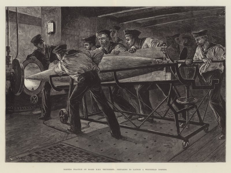 Prática de Torpedo a bordo do HMS Thunderer, preparando-se para lançar um Torpedo Whitehead de William Heysham Overend