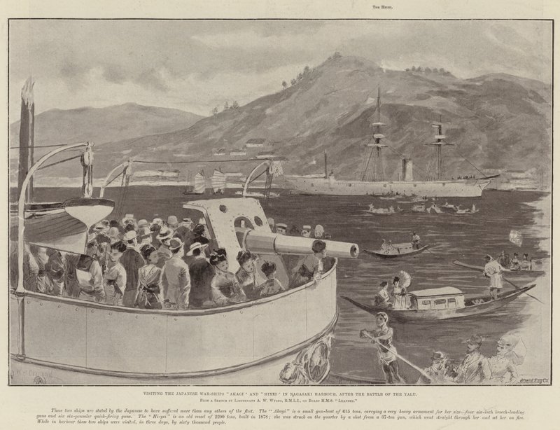 Visitando os navios de guerra japoneses Akagi e Hiyei no porto de Nagasaki, após a Batalha do Yalu de William Heysham Overend