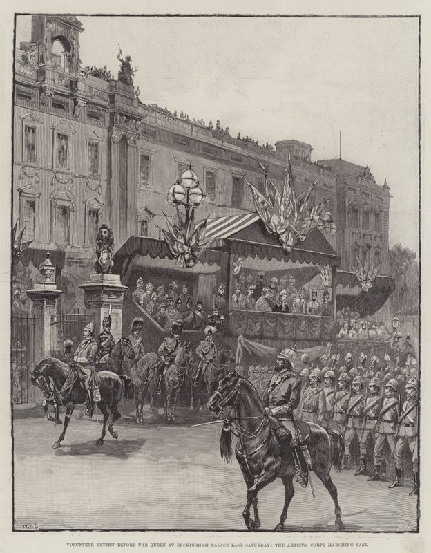 Revisão voluntária perante a rainha no Palácio de Buckingham No último sábado, o Corpo de Artistas marchando de William Heysham Overend