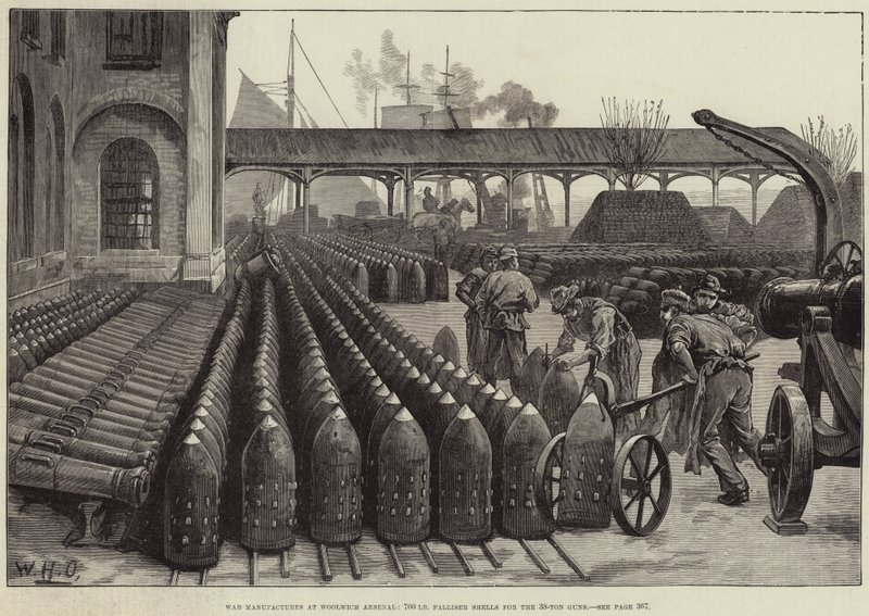 War Manufactures at Woolwich Arsenal, conchas Palliser de 700 libras para armas de 38 toneladas de William Heysham Overend