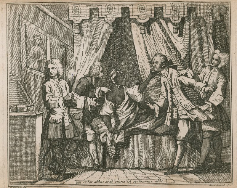 Ele agora tinha uma cor branca, o branco é o oposto; Quatro homens confrontar uma mulher negra em seu quarto de William Hogarth