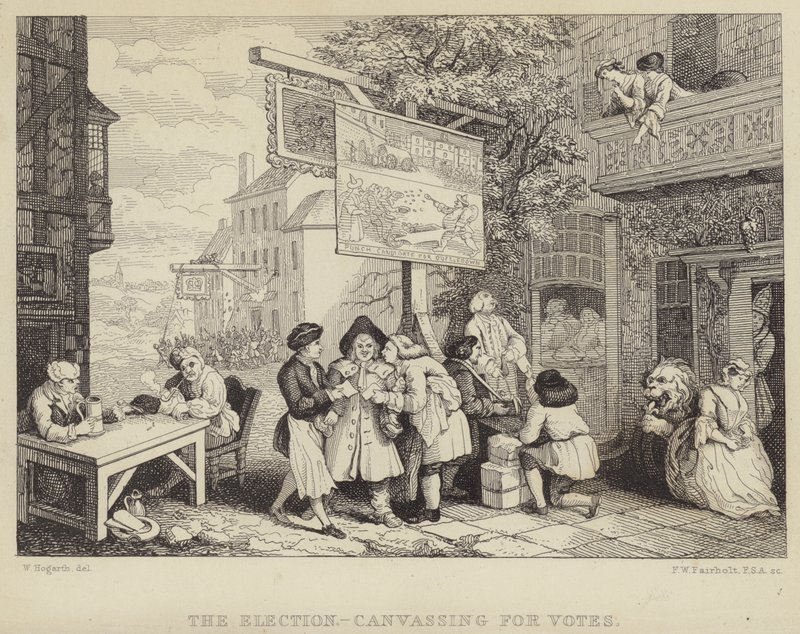 A eleição - levantamento de votos: sátira na eleição parlamentar de 1755, uma de uma série de quatro intitulados Humores de uma eleição de William Hogarth