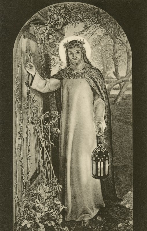 A Luz do Mundo, pintura no Keble College, Oxford, Oxfordshire, retratando Cristo carregando uma lanterna e batendo em uma porta (foto a p/b) de William Holman (after) Hunt