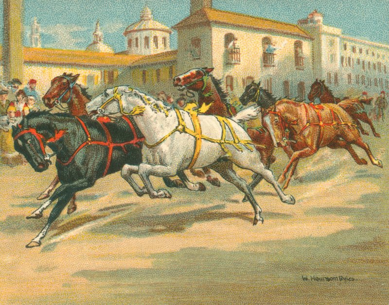 Raças Históricas e Modernas, Corridas de Cavalos sem Cavalos na Itália (chromolitho) de William Hounsom Byles