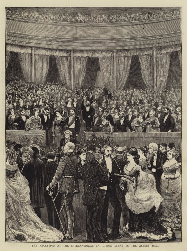 A recepção na exposição internacional, cena na gravura de Albert Hall de William III Bromley