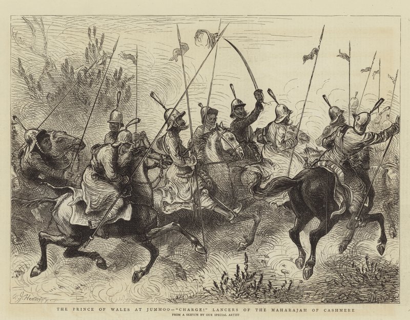 O Príncipe de Gales em Jummoo, Charge! Lanceiros do Maharajah de Cashmere de William John Hennessy