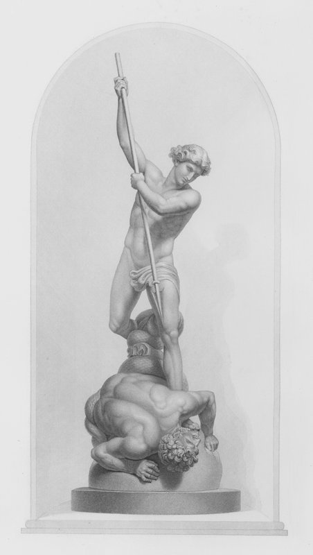 Miguel e Satanás, do grupo em mármore de Flaxman, RA, gravado por W Roffe (gravura) de William John Roffe