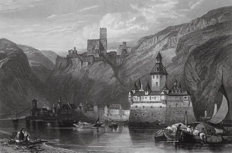 Caub, Castelo de Gutenfels, e o Pfalz, Reno (gravura) de William Leighton (after) Leitch