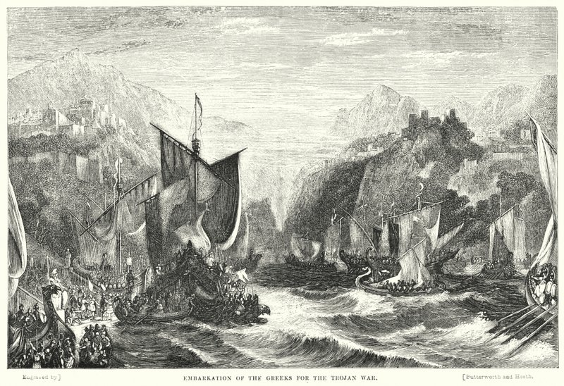 Embarque dos gregos para a Guerra de Torjan (gravura) de William Linton