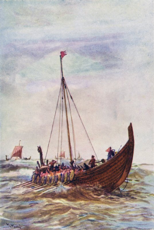 Navio de guerra do tempo do rei Alfred (cor litho) de William Lionel (after) Wyllie