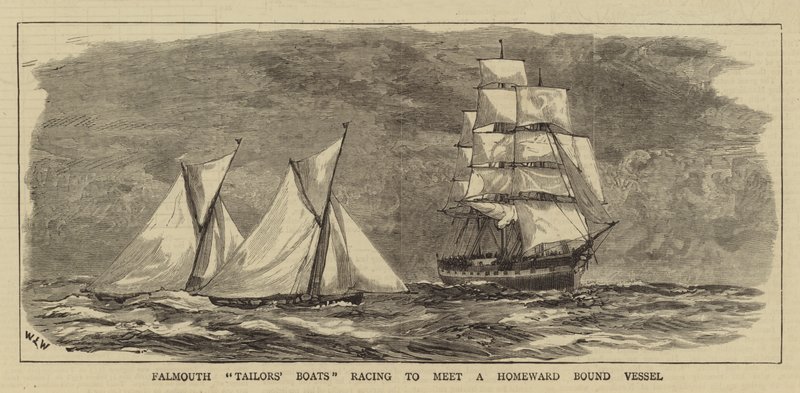 Barcos de alfaiates de Falmouth competem para encontrar um navio amarrado em casa de William Lionel Wyllie