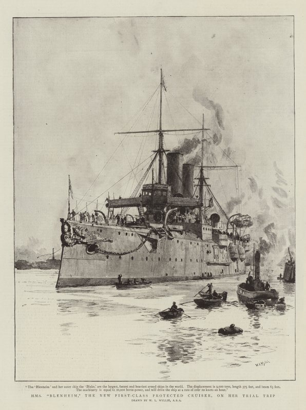 HMS Blenheim, o novo cruzador protegido de primeira classe, em sua viagem de teste de William Lionel Wyllie