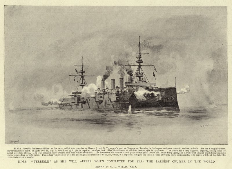 HMS terrível como ela vai aparecer quando concluída para o mar, o maior cruzador do mundo de William Lionel Wyllie