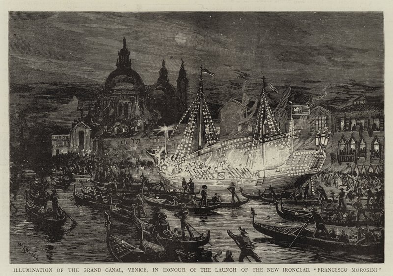 Iluminação do Grande Canal, Veneza, em homenagem ao lançamento do novo Ironclad, Francesco Morosini de William Lionel Wyllie