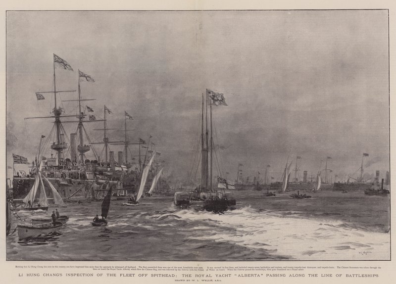 Li Hung Chang&39;s Inspeção da Frota de Spithead, o Royal Yacht Alberta passando pela Linha de Battleships de William Lionel Wyllie