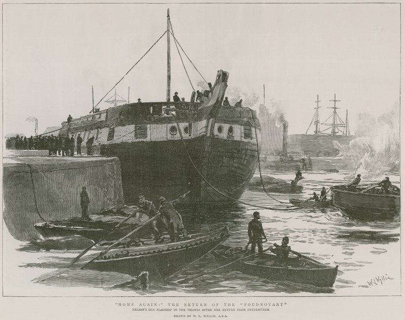 Antiga capitânia de Nelson no rio Tâmisa, após seu retorno de Sinemunde de William Lionel Wyllie