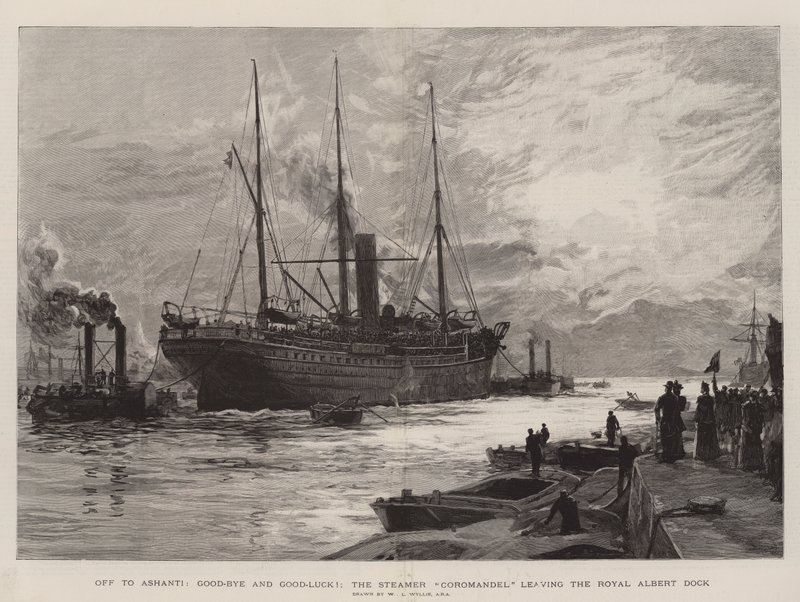Para Ashanti, Adeus e Boa Sorte !, o navio Coromandel saindo do Royal Albert Dock de William Lionel Wyllie