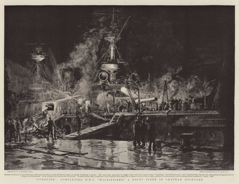 Horas extras, completando o HMS Magnificent, uma cena noturna no estaleiro de Chatham de William Lionel Wyllie