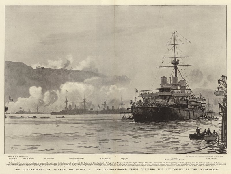 O bombardeio de Malaxa em 23 de março, a frota internacional bombardeando os insurgentes no Blockhouse de William Lionel Wyllie