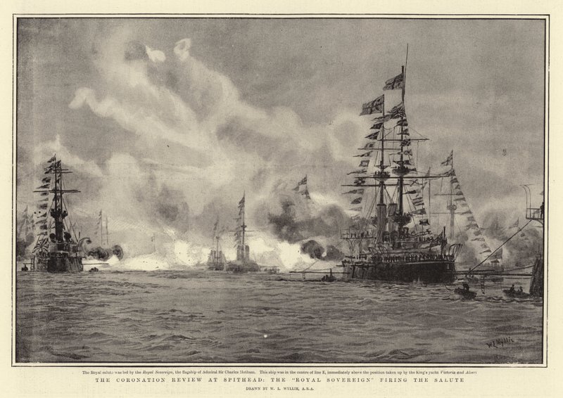 The Coronation Review, em Spithead, o Royal Sovereign disparando a saudação de William Lionel Wyllie