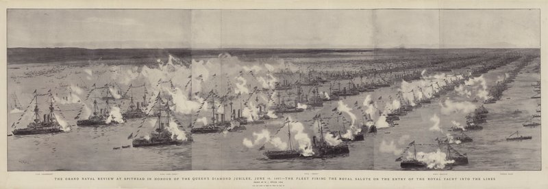 The Grand Naval Review no Spithead em honra do Jubileu de Diamante da Rainha, 26 de junho de 1897, a Frota disparando a Saudação Real sobre a Entrada do Iate Real nas Linhas de William Lionel Wyllie