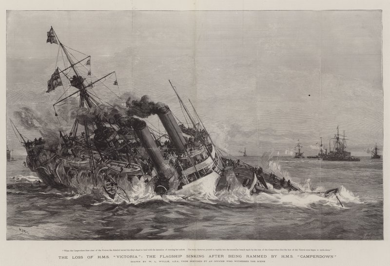 A perda do HMS Victoria, o Flagship afundando depois de ser abalroado pelo HMS Camperdown de William Lionel Wyllie