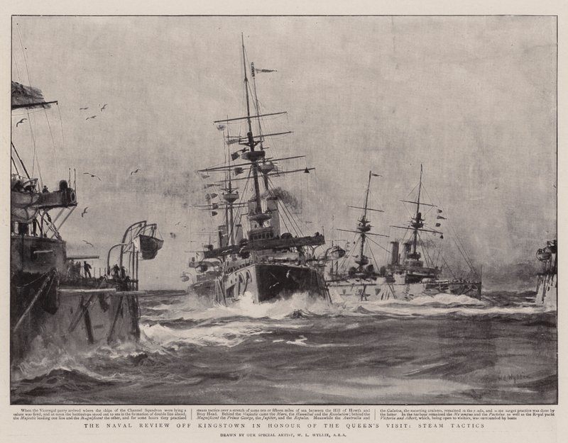 A revisão naval fora de Kingstown em honra da visita da rainha, táticas de vapor de William Lionel Wyllie