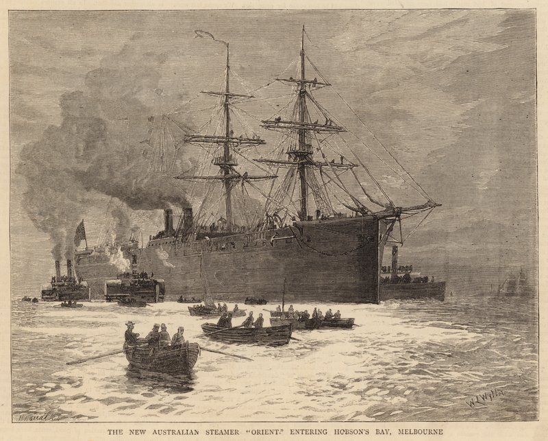 O, novo, australiano, navio, oriente, entrar, Hobson&39;s, baía, melbourne de William Lionel Wyllie
