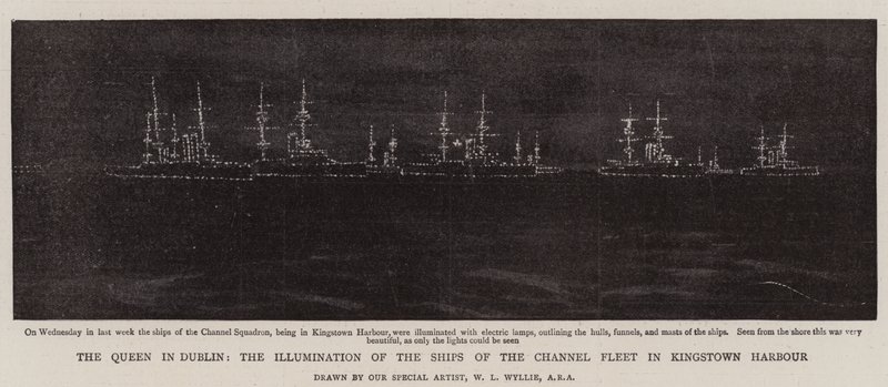 A Rainha em Dublin, a Iluminação dos Navios da Frota do Canal no Porto de Kingstown de William Lionel Wyllie