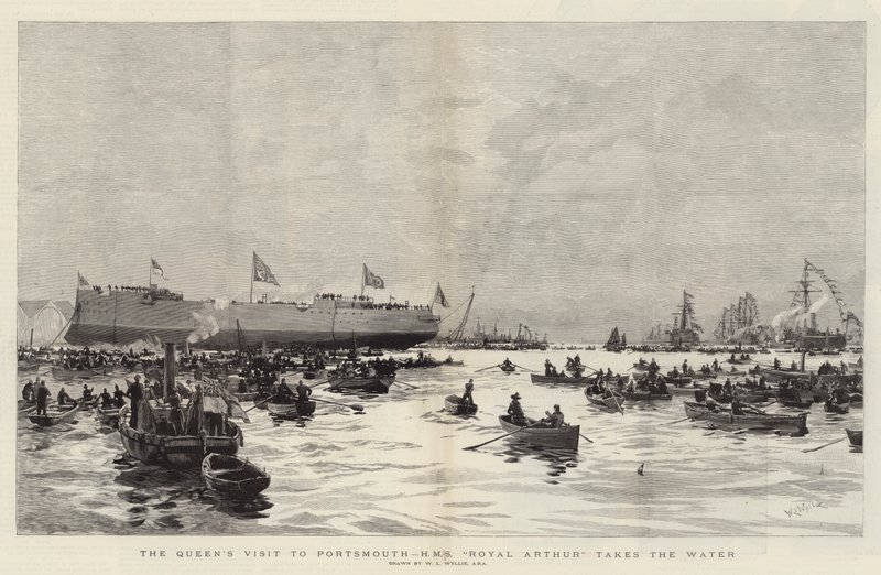 A visita da rainha a Portsmouth, o HMS Royal Arthur leva a água de William Lionel Wyllie